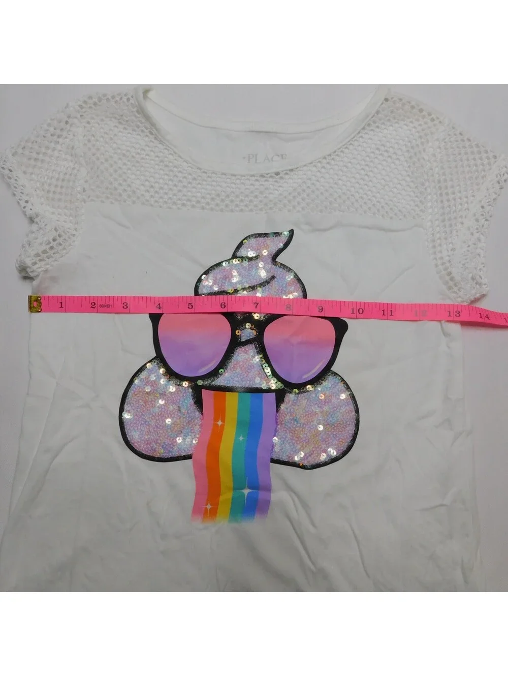 The Childrens Place Girls Shirt Medium 7/8 White Poop Emoji Sequin Rainbow Top